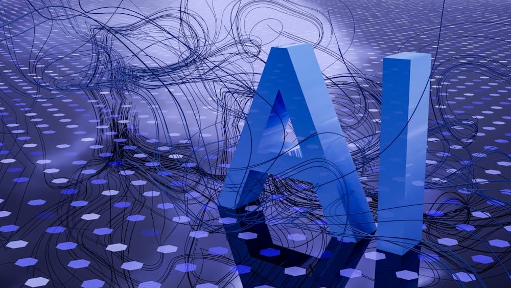 Stylized 3D 'AI' text over a circuit-pattern background