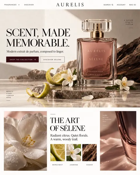 Aurelis: homepage design for an extrait de parfum fragrance house