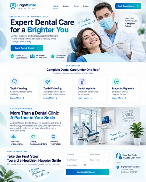 BrightSmile: homepage design for a family dental clinic with online booking