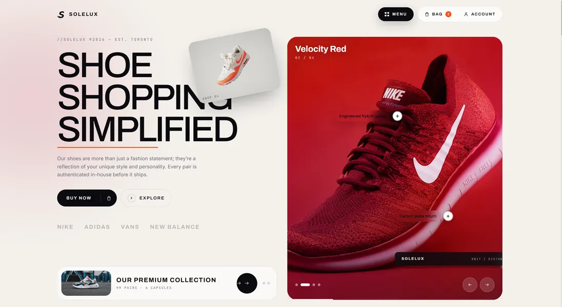 Solelux: homepage hero design for a footwear brand